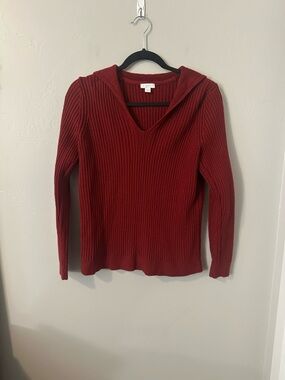 J. Jill Ribbed V-Neck Hooded Sweater - Deep Red